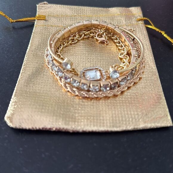 Set of 4 Gold Tone Bracelets with Rhinestones – Cuff, Tennis, Chain, Stretch - Picture 3 of 10